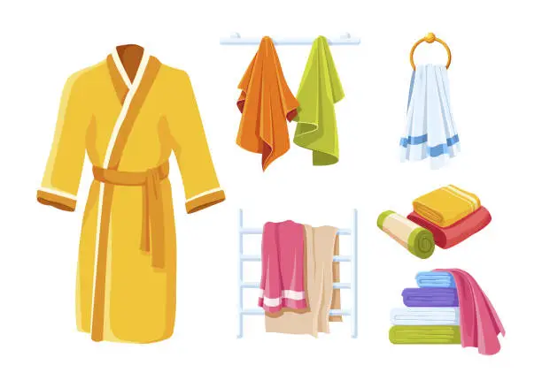 Vector illustration of Collection of bathroom accessories towels and bathrobe personal hygiene everyday body care vector