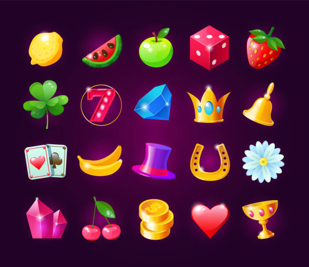 illustrations, cliparts, dessins animés et icônes de icônes réalistes pour casino slot machine. interface de jeu pour les loteries de jeux de hasard machines de casino. logos bonus pour le jeu cartoon vector. - fruit stone