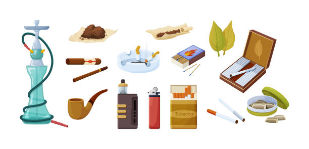 illustrazioni stock, clip art, cartoni animati e icone di tendenza di raccolta prodotti del tabacco. set di cose e accessori diversi per fumare illustrazione vettoriale - tobacco