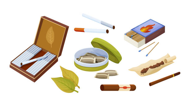 ilustrações de stock, clip art, desenhos animados e ícones de collection tobacco products. set of different things and accessories for smoking vector illustration - snuff box