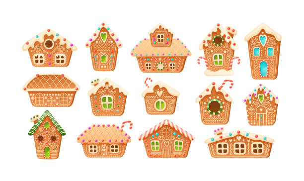 illustrazioni stock, clip art, cartoni animati e icone di tendenza di collezione diverse graziose case invernali di natale di pan di zenzero. set di biscotti caramelle per le vacanze - christmas home