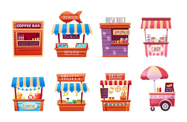 Vector illustration of Food market. Set of street tent, car, truck, van selling fruits, bread, pizza, dairy product, candy, cheese, ice cream, coffee bar, fresh fish, hot dog, bbq.