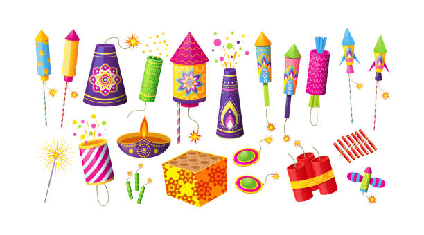 Collection of different firecracker or pyrotechnics rocket. Equipment for fireworks festival or holiday. Feast petard for festival celebration. Festive decoration for Diwali holiday Collection of different firecracker or pyrotechnics rocket. Equipment for fireworks festival or holiday. Feast petard for festival celebration. Festive decoration for Diwali holiday vector cartoon electrical fuse stock illustrations