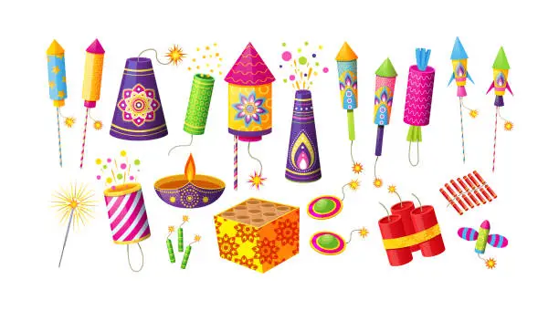 Vector illustration of Collection of different firecracker or pyrotechnics rocket. Equipment for fireworks festival or holiday. Feast petard for festival celebration. Festive decoration for Diwali holiday