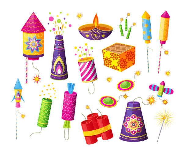 Collection of different firecracker or pyrotechnics rocket. Equipment for fireworks festival or holiday. Feast petard for festival celebration. Festive decoration for Diwali holiday Collection of different firecracker or pyrotechnics rocket. Equipment for fireworks festival or holiday. Feast petard for festival celebration. Festive decoration for Diwali holiday vector cartoon diwali home stock illustrations