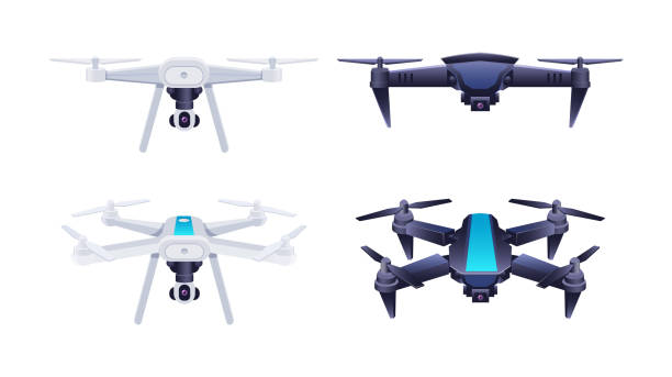 Collection of flying drones. Set modern electronic device for observation or surveillance from air Different flying drones. Set of modern electronic device for observation or surveillance from air. Rotating controlled robotic technology for delivery or entertainment cartoon vector drone illustrations stock illustrations