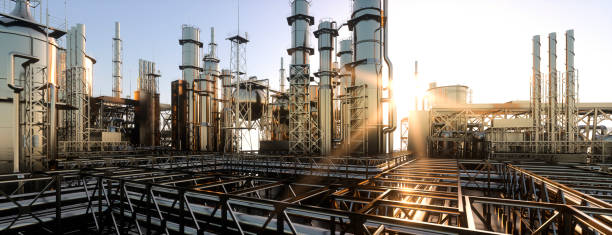 Oil refinery plant 3d render large oil refinery plant at sunrise on a clear day 3d render power station stock pictures, royalty-free photos & images