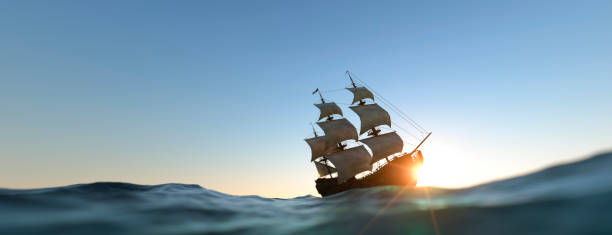 barco pirata en el mar renderizado en 3d - sailing ship industrial ship horizon shipping fotografías e imágenes de stock
