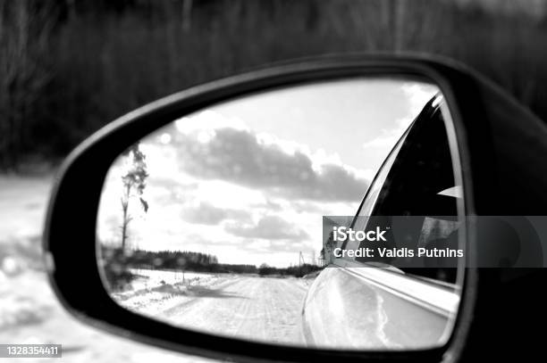 Shot Of Car Rare View Mirror Stock Photo - Download Image Now - Mirror - Object, Black And White, Car