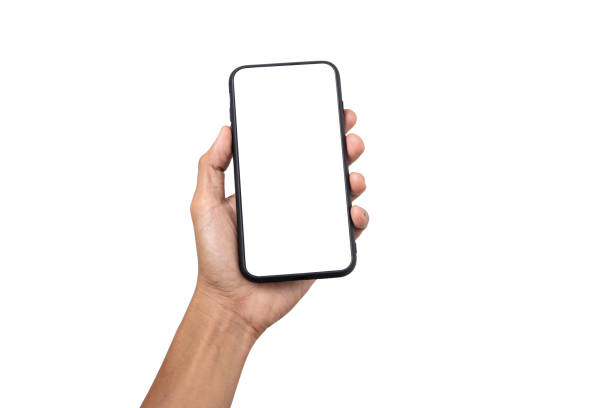 istock Hand business man holding mobile smartphone with blank screen isolated on white background with clipping path 1328355961