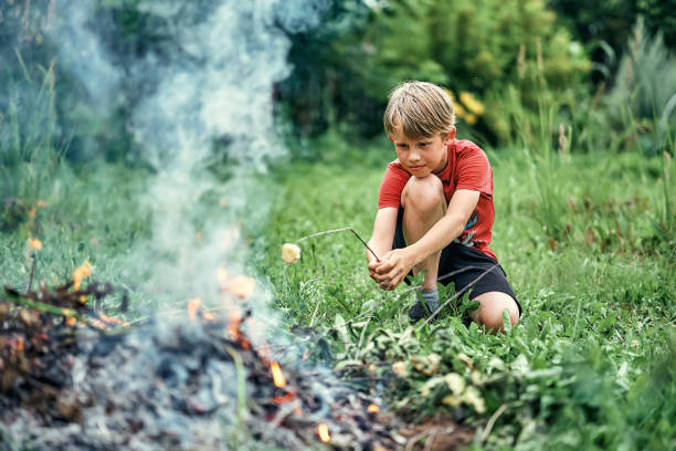 istock Funny boy roasts marshmallow above bonfire on on garden lawn 1328356020