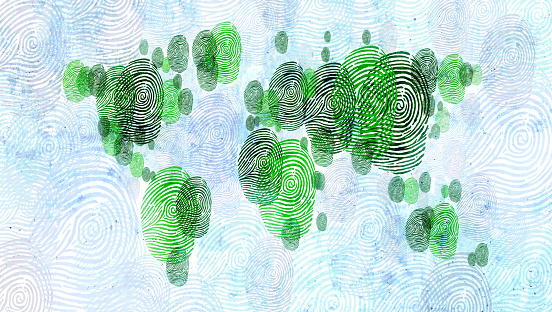 Global people concept as a world or planet made of green fingerprints in a blue ocean representing diversity or earth ecology in a 3D illustration style.