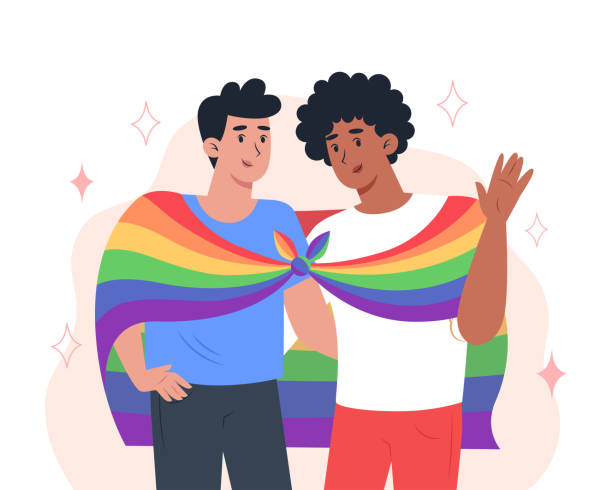 illustrations, cliparts, dessins animés et icônes de un couple de jeunes hommes s’embrasse et tient un drapeau de fierté lgbt arc-en-ciel - bi sexual