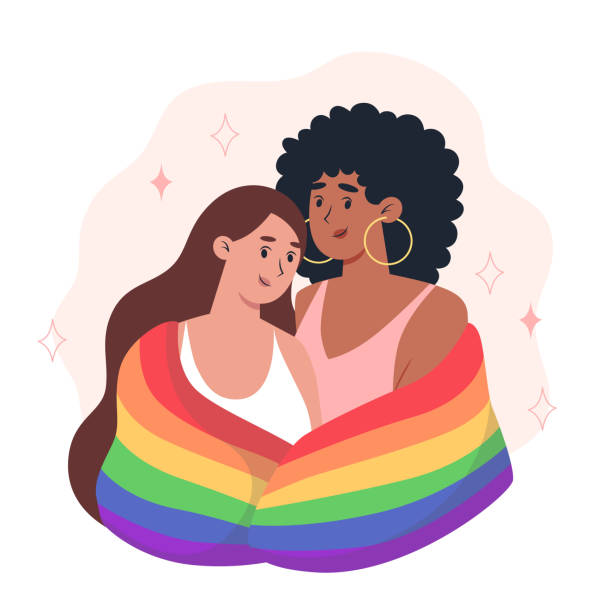 ilustrações de stock, clip art, desenhos animados e ícones de young women couple hug each other and hold a rainbow lgbt pride flag - bi sexual illustrations