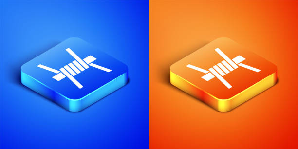 Isometric Barbed wire icon isolated on blue and orange background. Square button. Vector Isometric Barbed wire icon isolated on blue and orange background. Square button. Vector. barb feather part stock illustrations