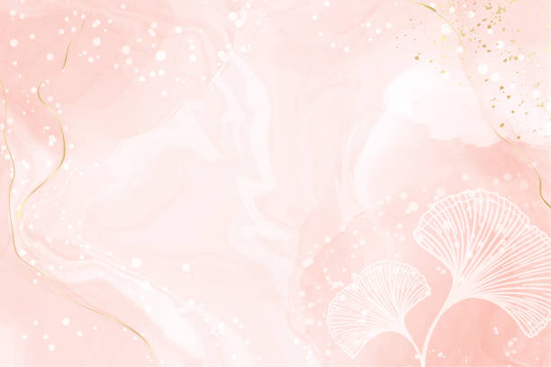 abstrakter staubiger rouge flüssiger aquarellhintergrund mit weißen ginkgoblättern. pastellrosa marmor alkohol tinte zeichnungseffekt, goldlinien und florale elemente. vektorillustration eleganter tapeten - backgrounds pink flower softness stock-grafiken, -clipart, -cartoons und -symbole