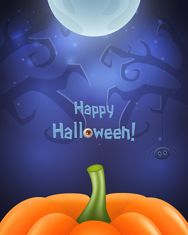 Happy Halloween background for design with creepy tree, pumpkin and moon. Vector illustration