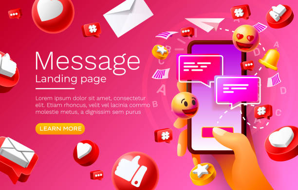Message with many icons, chat for communication of people, landing page. Vector Message with many icons, chat for communication of people, landing page. Vector illustration heart emoji phone stock illustrations