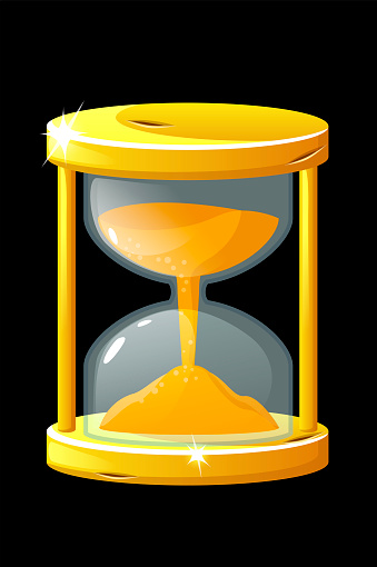 Golden old hourglass for measuring the time for game. Vector illustration vintage shiny clock for graphical design.