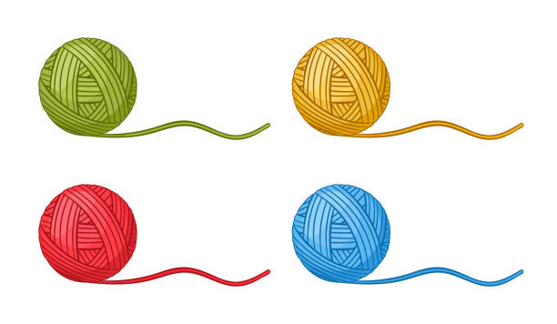 Ball of knitting thread icon set. Round skein wool, cotton yarn for handmade crochet, knit needles, sewing hobby. Material knitwear clothes. Blue, red, yellow, green clew filament. Cartoon vector Ball of knitting thread icon set. Round skein of wool, cotton yarn for handmade crochet, knit needles, sewing hobby. Material knitwear clothes. Blue, red, yellow and green clew filament. Cartoon vector drawing skein stock illustrations