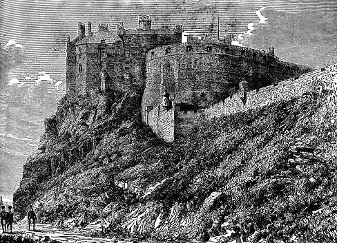Edinburgh Castle in Edinburgh, Scotland. Vintage etching circa 19th century.