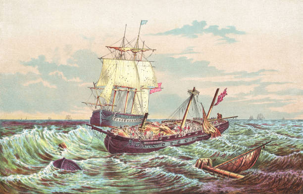 USS Constitution vs HMS Guerriere During the War of 1812 (circa 19th century). Vintage etching circa late 19th century.