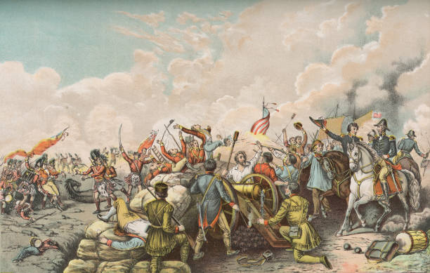The Battle of New Orleans by Dennis Malone Carter - 19th Century The Battle of New Orleans by Dennis Malone Carter (circa 19th century). Vintage etching circa late 19th century. fine art image pictures stock illustrations
