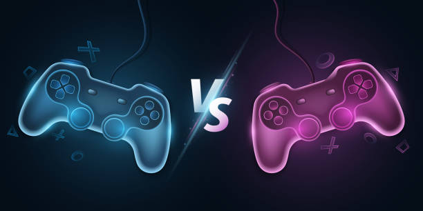 versus vorlage mit modernen gamepads. vs-bildschirm für sport-videospiele, match, turnier, e-sport-wettbewerbe. joystick für konsole. spielkonzept-design. vektor-illustration - joypads stock-grafiken, -clipart, -cartoons und -symbole