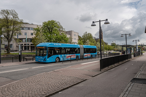 Gothenburg, Sweden - May 16 2021: Blue bus on line 757 at bus stop Linnegatan.