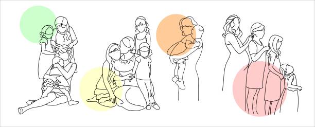 Family, mother with children, large family, grandmother with grandchildren, pregnant. A set of illustrations in a linear style Family, mother with children, large family, grandmother with grandchildren, pregnant. A set of illustrations in a linear style. Vector. mother drawings stock illustrations