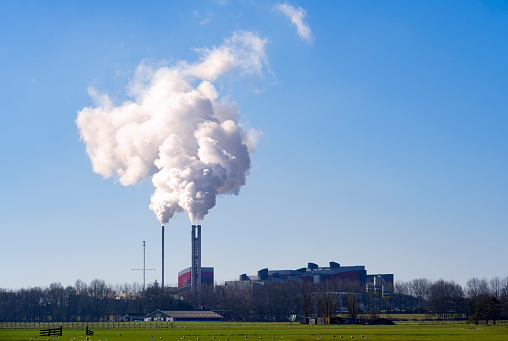 Smoking chimney of an incinerator with white smoke under a blue sky. Location is Alkmaar, Netherlands