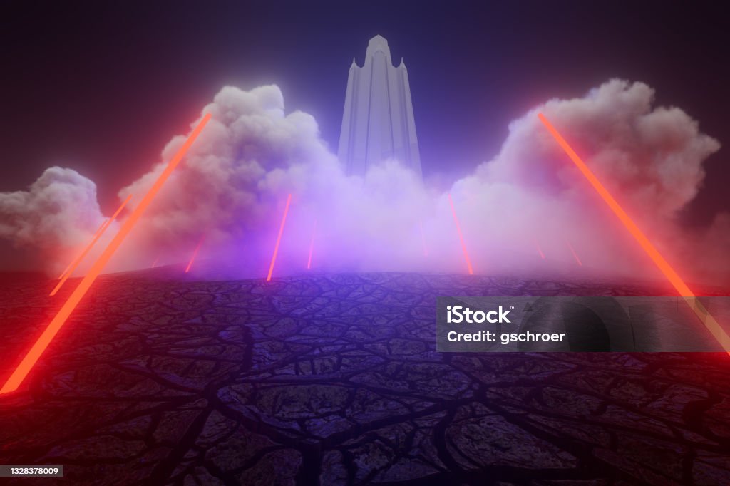 Abstract Dystopian Tower Building Surrounded By Neon Saber Fence and Smoke A stylized abstract dystopian landscape of a tall tower surrounded by neon sabers and large smoke clouds over cracked desert floor. Dystopia - Concept Stock Photo