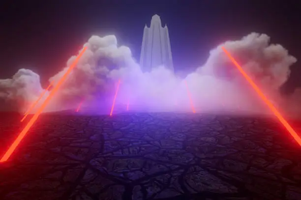 A stylized abstract dystopian landscape of a tall tower surrounded by neon sabers and large smoke clouds over cracked desert floor.