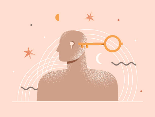 Therapy, psychotherapy, psychology concept. Open mind. Human head with a keyhole and key. Philosophy metaphor, personality. Abstract modern illustration about mental health. Isolated vector design. individuality illustrations stock illustrations