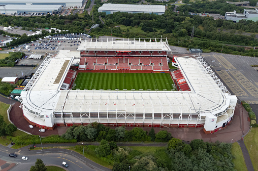 Stoke-On-Trent, England - 09 July 2021: Wide angle aerial view of the bet365 stadium, home of Stoke City Football Club in Stoke-On-Trent, Staffordshire, England, UK.