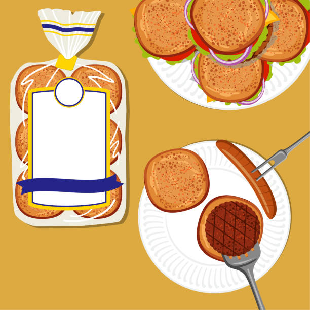 위에서 피크닉 테이블에 바베큐 음식 - hamburger bun barbecue sign stock illustrations