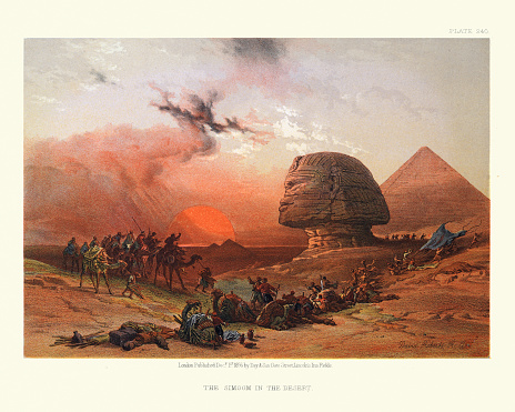 Vintage illustration of Simoom in the Desert, Great Sphinx and Pyramid, Egypt, Victorian 19th Century by David Roberts. Simoom is a strong, dry, dust-laden wind.