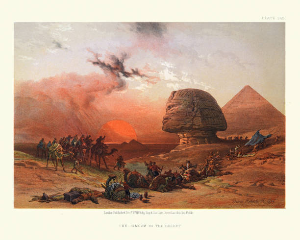 Simoom in the Desert, Great Sphinx and Pyramid, Egypt, Victorian 19th Century Vintage illustration of Simoom in the Desert, Great Sphinx and Pyramid, Egypt, Victorian 19th Century by David Roberts. Simoom is a strong, dry, dust-laden wind. bedouin stock illustrations