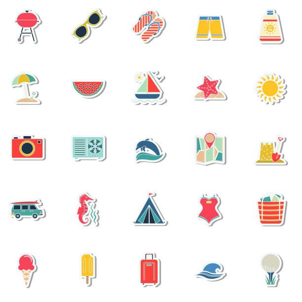 Cute Summer Icons On Trasparent Bases -  Stock Illustration Summer icons on a transparent base. There is no white box in back. Flat design style. Easy to edit or change colors. EPS file is CMYK and comes with a large high resolution jpeg. sand clipart stock illustrations