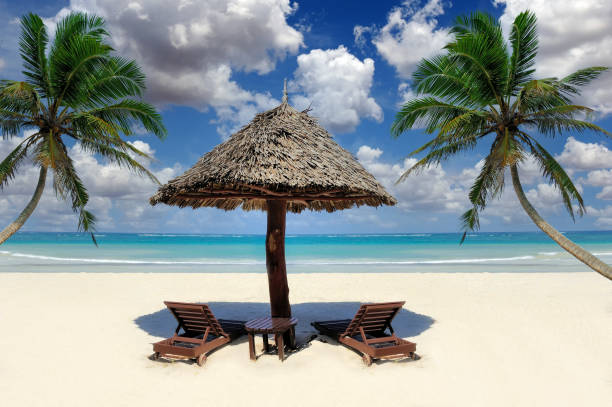 istock Beautiful tropical beach witn straw umbrella and palm 1328384570