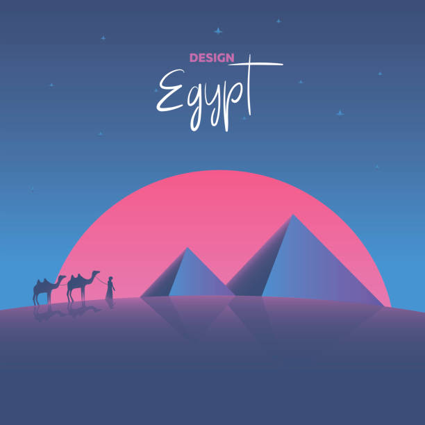 ilustracja wektorowa, inspirowana muzyką disco lat 80., tło 3d, neon, egipski z wielbłądami idą do piramid - sphinx night pyramid cairo stock illustrations
