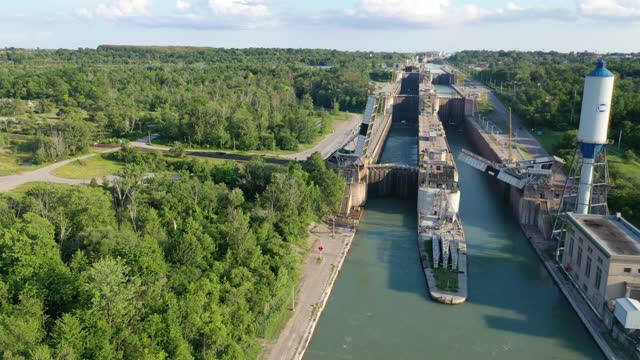 Aerial Welland Canal and Twin Flight Locks in Allanburg, St. Catharines City, Canada