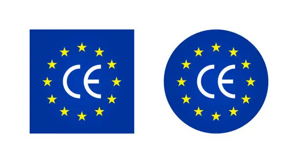 Vector illustration of CE europe mark. Logo for european certificate. Icon of eu manufacturer. Symbol of european made, quality and standard. Euro stamp, label and emblem for packaging of product. Badge of premium Vector