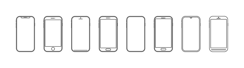 Mobile phone outline. Smartphone icon in line style. Black wireframe of cellphone isolated on white background. Mockup of smart device with screen. Modern blank smartphones with frame. Vector.
