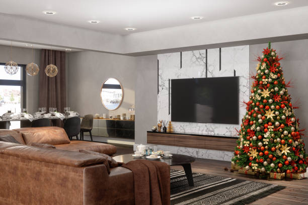 istock Modern Living Room Interior With Television Set, Leather Sofa, Gift Boxes And Christmas Tree With Ornaments. Dining Table decorated for Christmas. 1328388655
