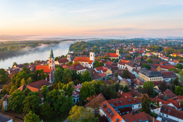 Birds eye view of the famous downtown of Szentendre, Hungary Szentendre, Hungary -  Amazing aerial view about the Belgrade serbian orthodox cathedral and St. John's Parish Church in the heart of the city. hungary stock pictures, royalty-free photos & images