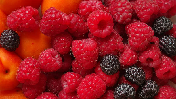 istock Raspberry, apricot, blackberry bright background from food top view 1328389248