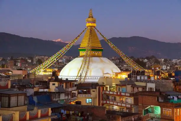 Evening or night view of Boudha or Bodhnath or boudhanath stupa in Kathmandu,  Nepal, Bodhnath stupa is the biggest stupa in Kathmandu city