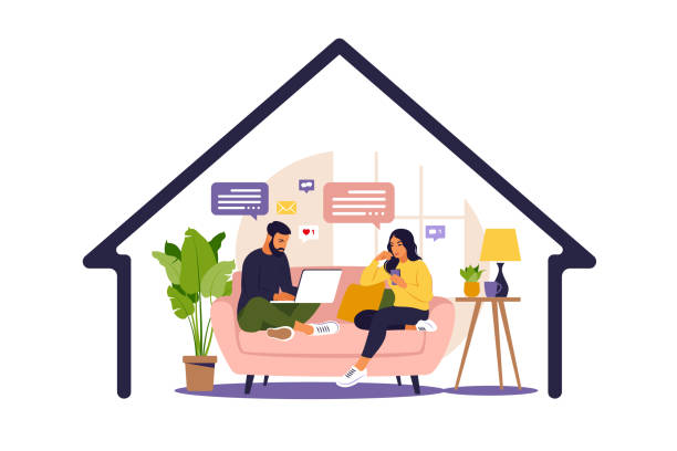 istock Women and man sitting in a sofa and working online at home. Social distancing and self-isolation during corona virus quarantine. Vector illustration. Flat style. 1328390418