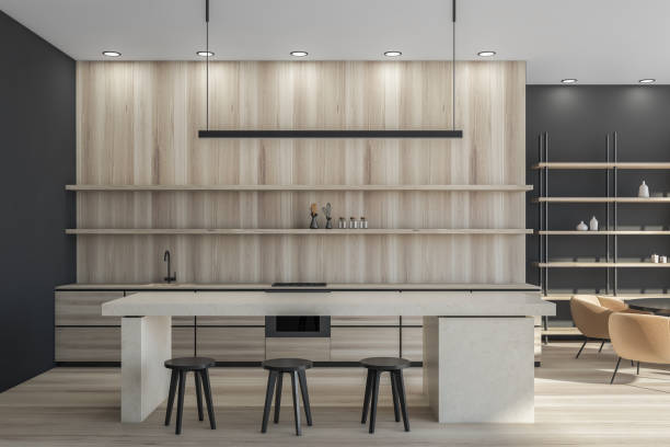 istock Wooden kitchen interior with chairs and cutting table on wooden floor 1328394806